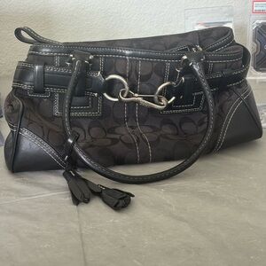 Coach Signature Hampton Belted Monogram Hand Bag Black Satchel Braided Tassel